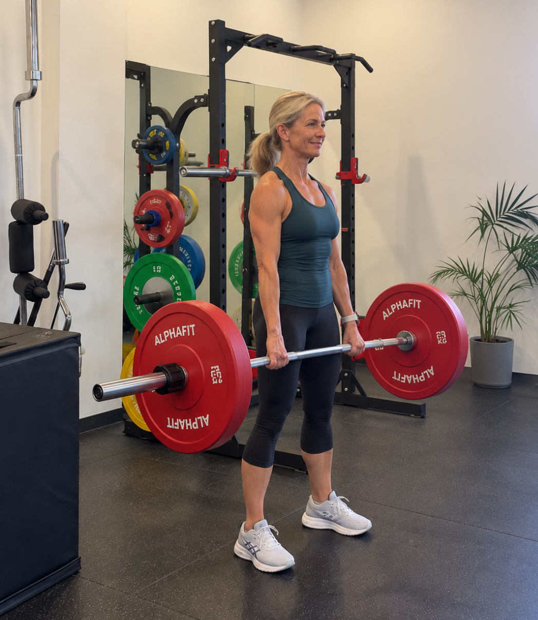 older female with osteoporosis lifting weights in clinical physio gym